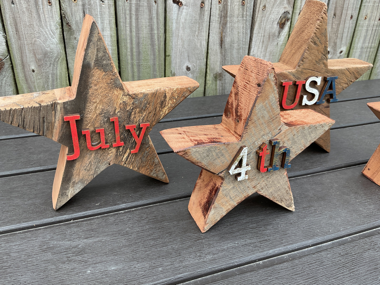AGSD Patriotic Decor - July 4th Rustic Neutral Chunky Wood Star Sitters 4pc