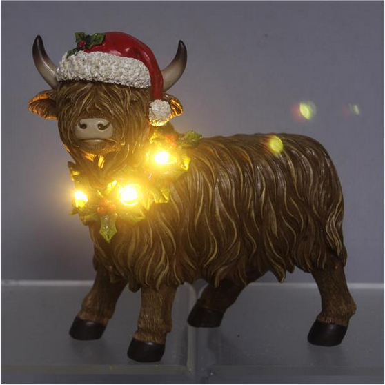 YI Christmas Decor - Santa Hat Cap Highland LED Cow Figurine