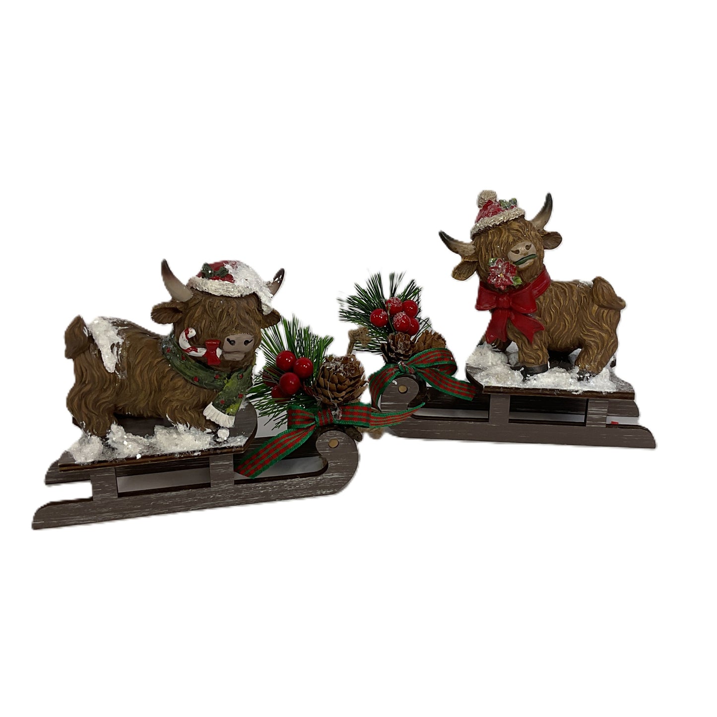 AGSD Christmas Decor - Resin Playful Highland Cows and Sleds 2pc