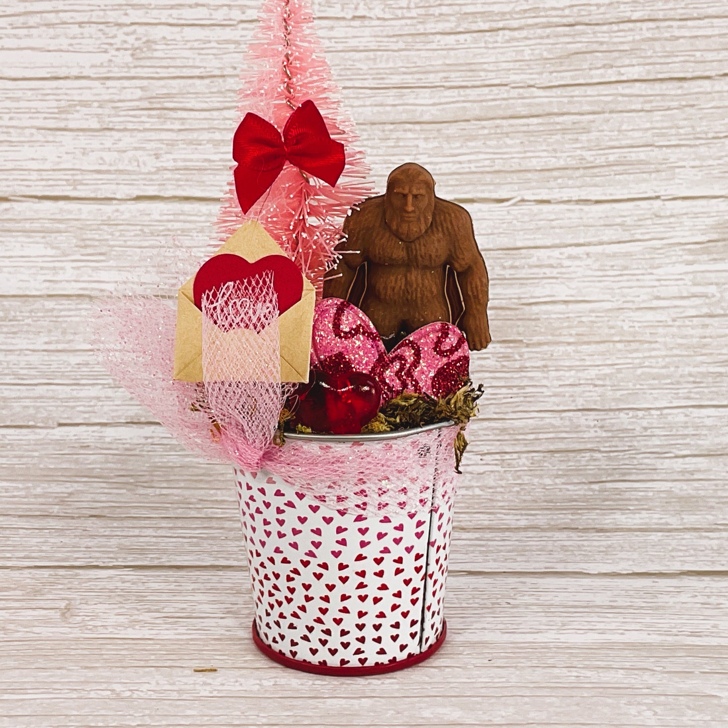 AGSD Valentines Decor - Miniature Bigfoot Sasquatch Tin Pail Display