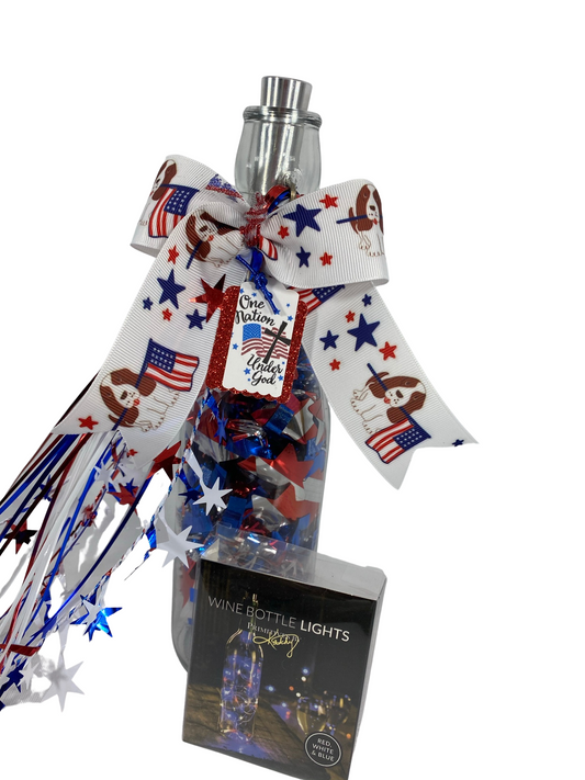 July 4th Puppy Dog Lighted Glass Wine Bottle Display | Patriotic Pet Lover Farmhouse Battery Operated LED Shelf & Mantle Decor