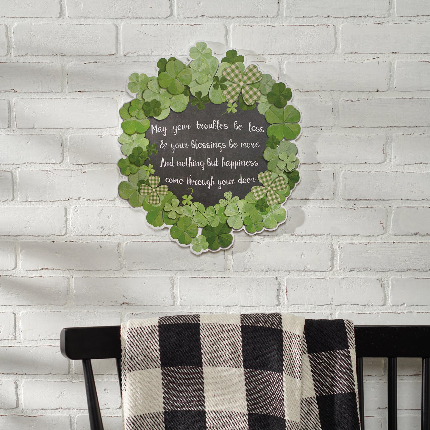 St Patricks Decor - Irish Blessings Shamrocks Flat Wood Wreath Sign