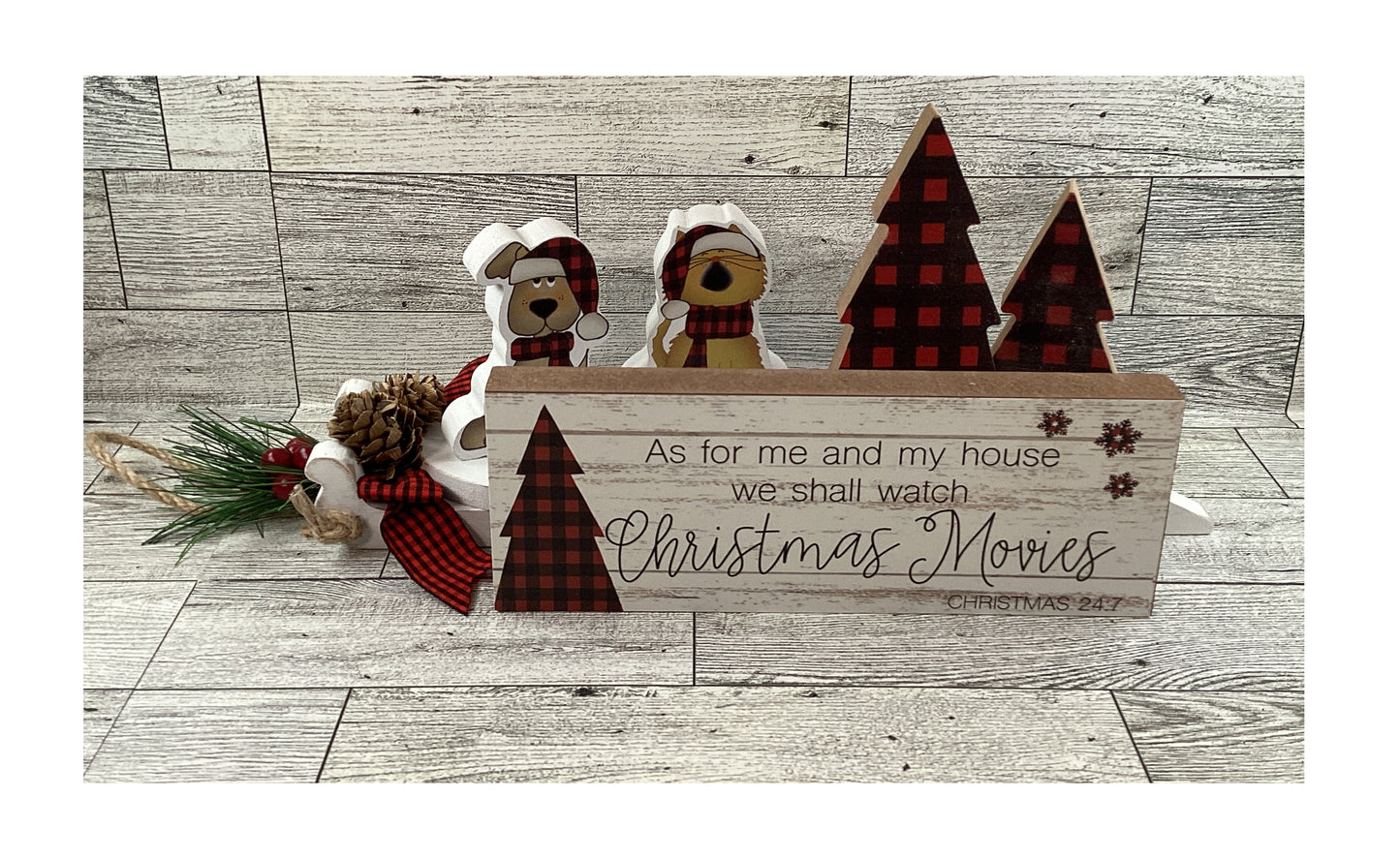 AGSD Christmas Decor - Dog Cat Movie Plaid Wood Tree Sled Display 6pc