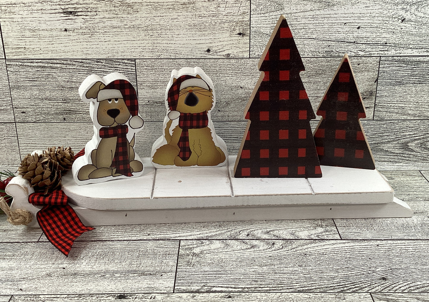 AGSD Christmas Decor - Dog Cat Movie Plaid Wood Tree Sled Display 6pc