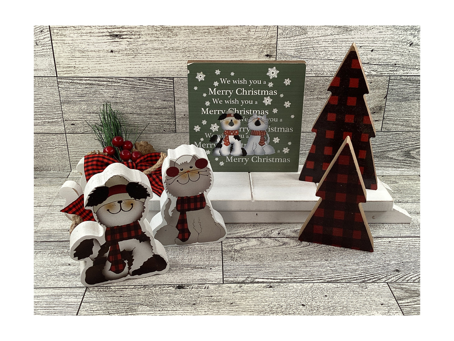 AGSD Christmas Decor - Dog Cat Buffalo Plaid Wood Tree Sled Display 6pc