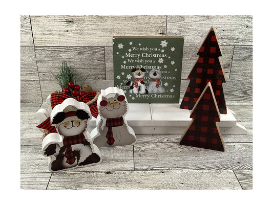 AGSD Christmas Decor - Dog Cat Buffalo Plaid Wood Tree Sled Display 6pc