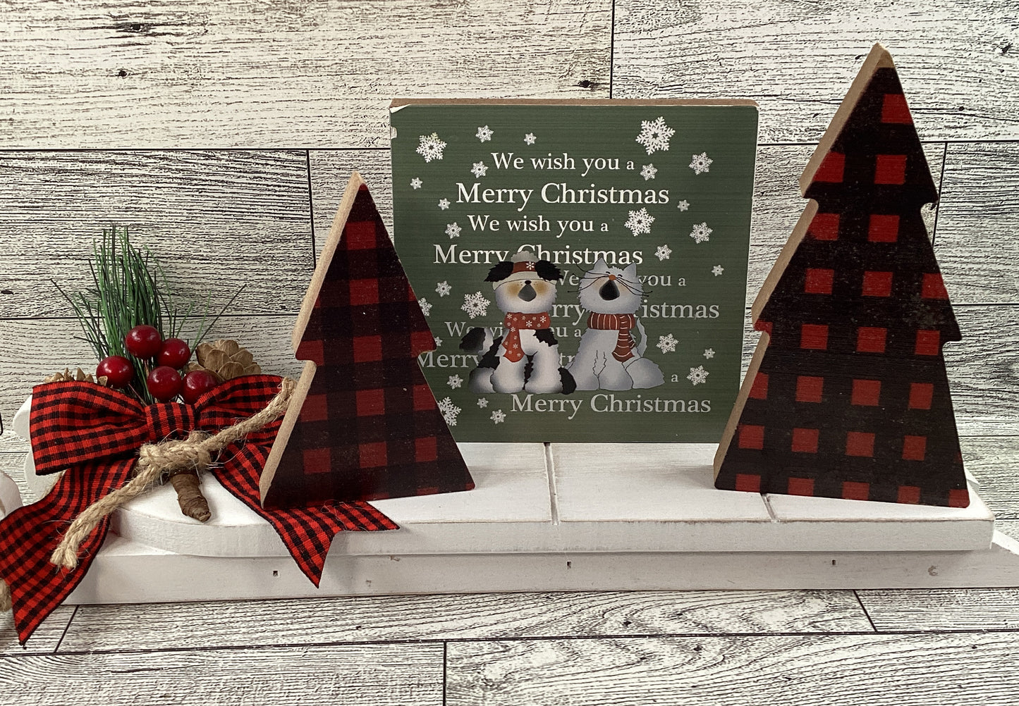AGSD Christmas Decor - Dog Cat Buffalo Plaid Wood Tree Sled Display 6pc