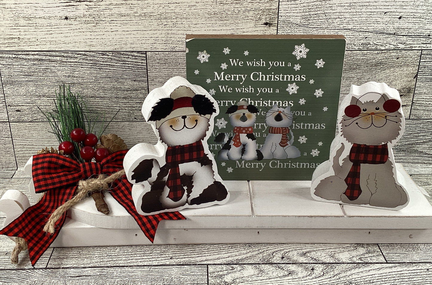 AGSD Christmas Decor - Dog Cat Buffalo Plaid Wood Tree Sled Display 6pc