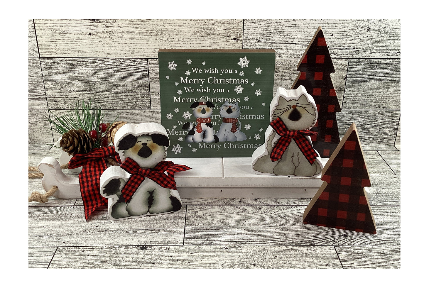 AGSD Christmas Decor - Dog Cat Buffalo Plaid Wood Tree Sled Display 6pc