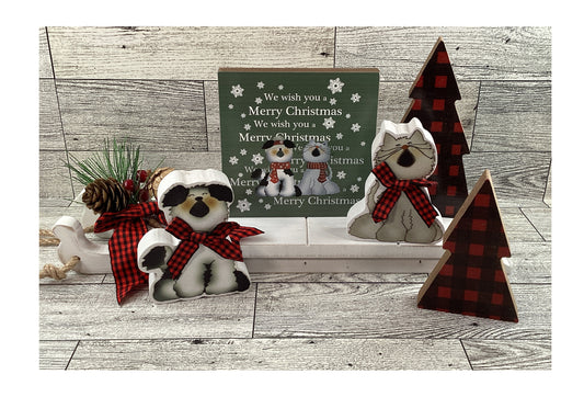 AGSD Christmas Decor - Dog Cat Buffalo Plaid Wood Tree Sled Display 6pc