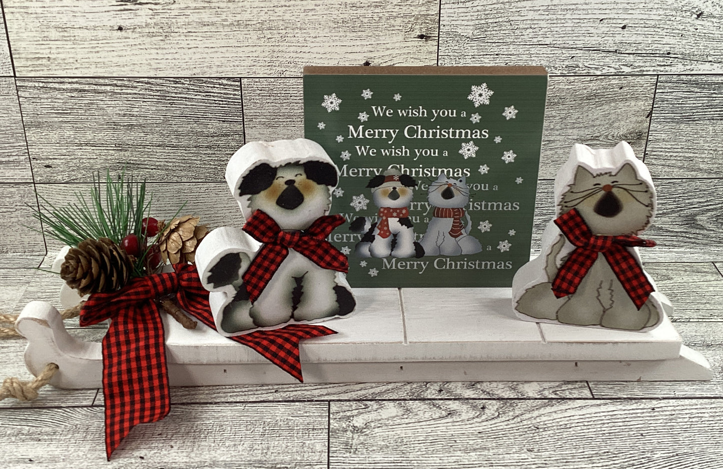 AGSD Christmas Decor - Dog Cat Buffalo Plaid Wood Tree Sled Display 6pc