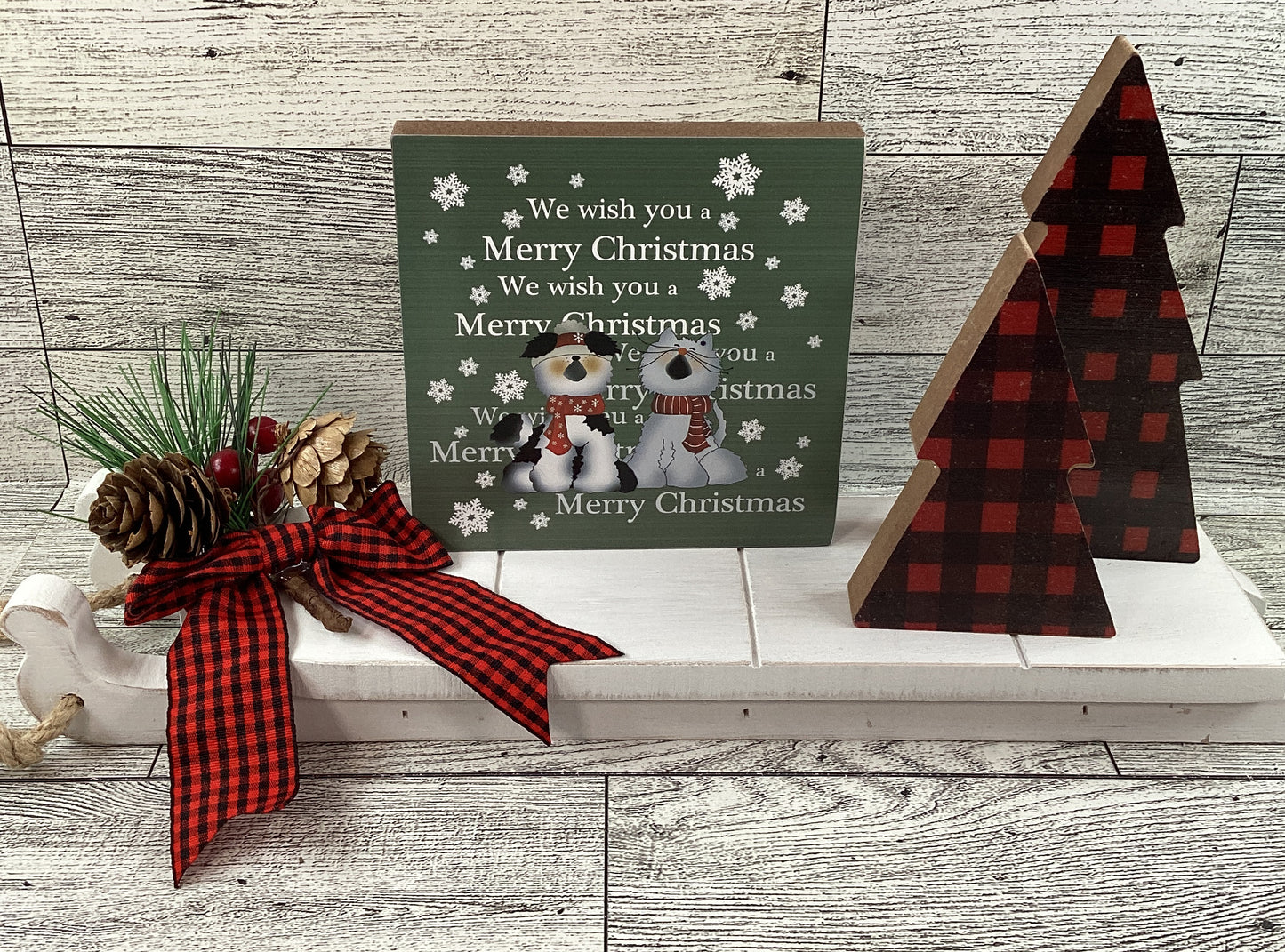 AGSD Christmas Decor - Dog Cat Buffalo Plaid Wood Tree Sled Display 6pc