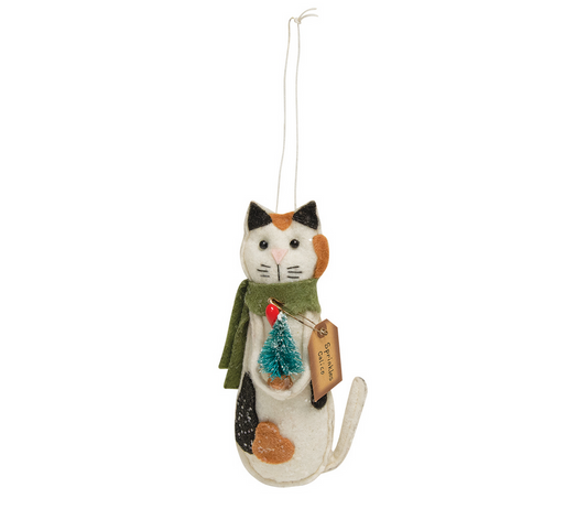 CWI Christmas Decor - Prim Calico Fabric Felt Stuffed Cat Ornament