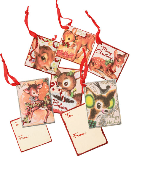 PBK Christmas Decor - Vintage Retro Reindeer Gift Tags 6pc Set