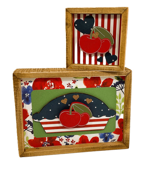 AGSD Patriotic Decor - American Cherry Pie Wood Box Sign 2pc July 4th Decor