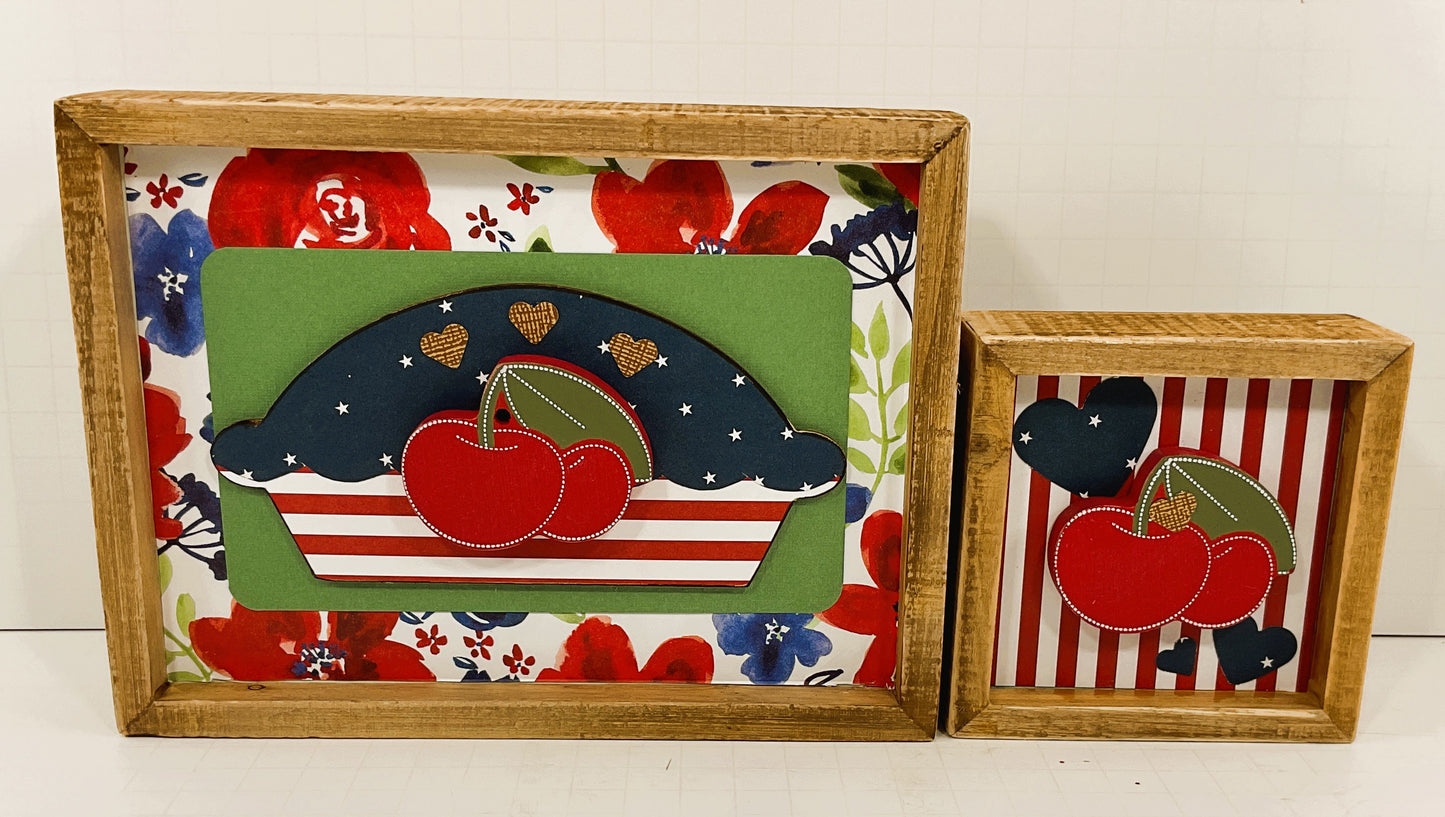 American Cherry Pie Wood Box Sign 2pc Set Red White Blue Patriotic July 4th Decor