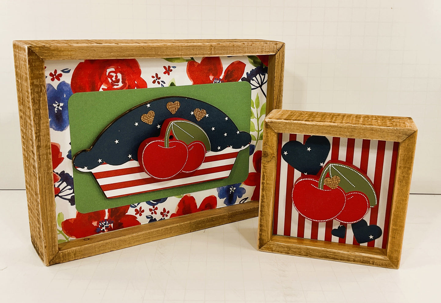 American Cherry Pie Wood Box Sign 2pc Set Red White Blue Patriotic July 4th Decor