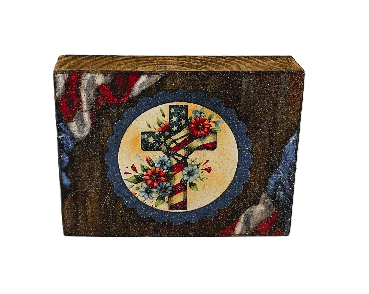 AGD Patriotic Decor - Floral American Cross Block Tier Tray SMALL Sign