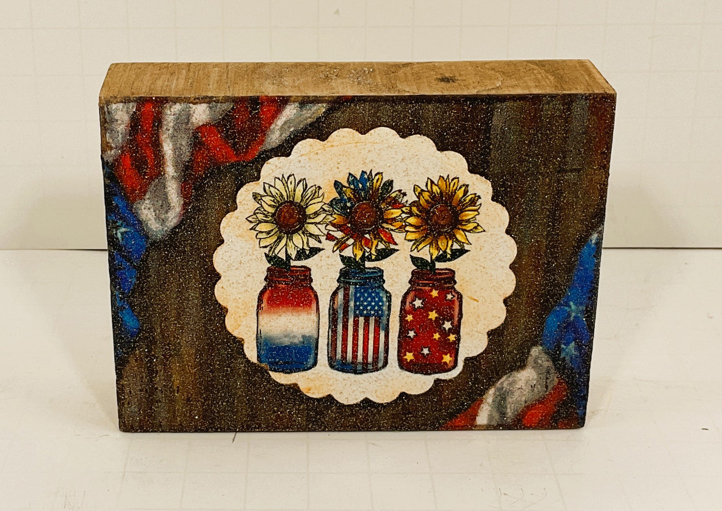 AGD Patriotic Decor - Sunflower Mason Jar Block Tier Tray SMALL Sign