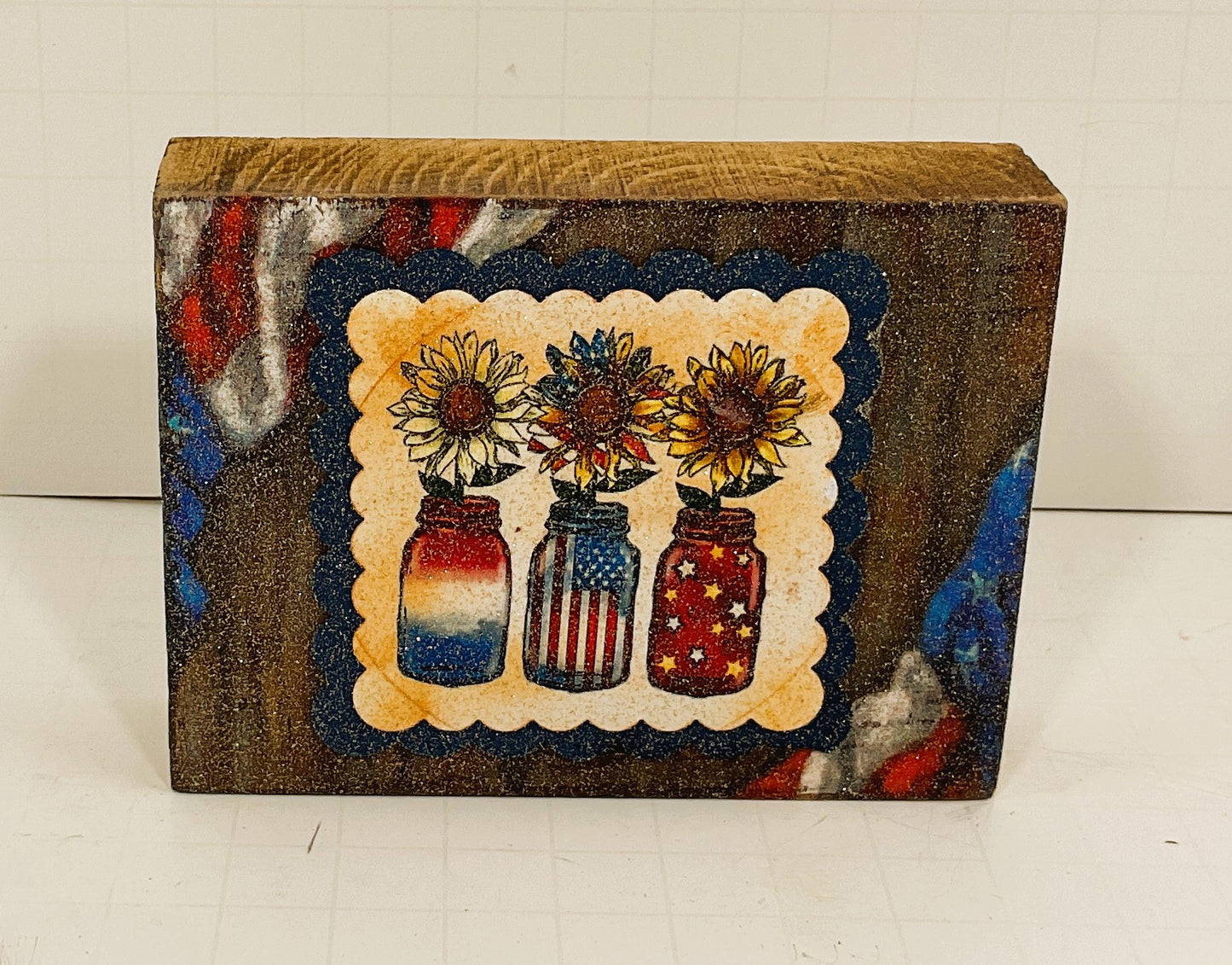AGD Patriotic Decor - Sunflower Mason Jar Block Tier Tray SMALL Sign