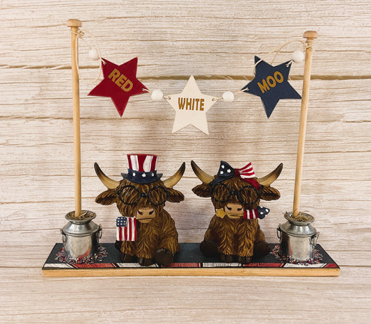 AGSD Patriotic Decor - Red White & Moo July 4th Patriotic Cow Banner Stand
