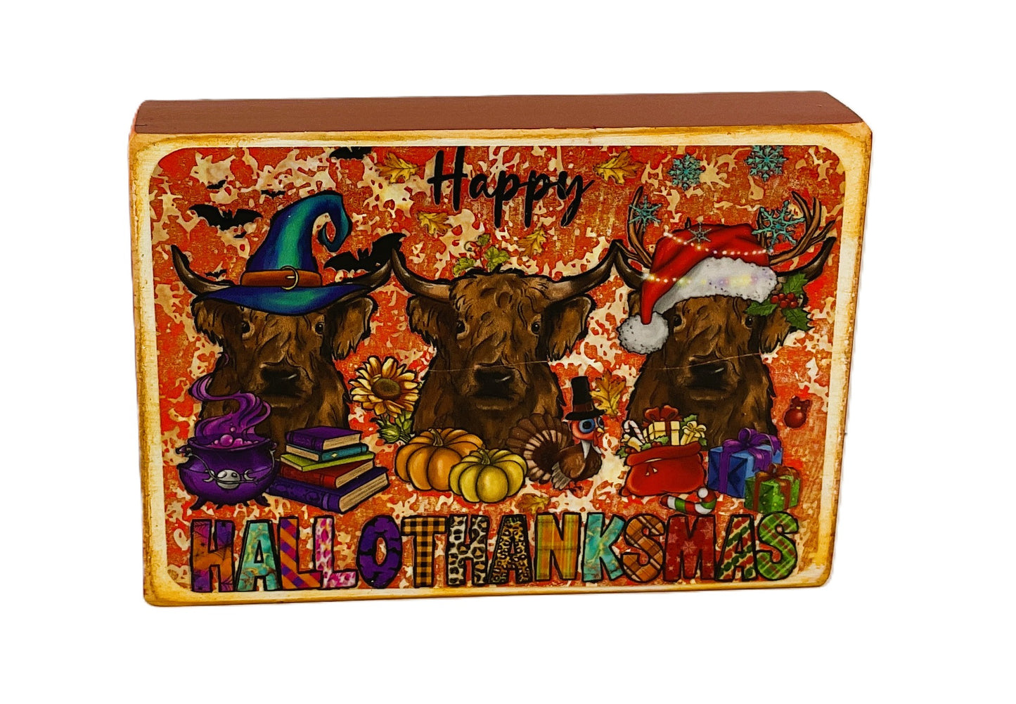 AGD Fall Decor - Highland Cow Hallothankmas Multi Seasonal Box Sign