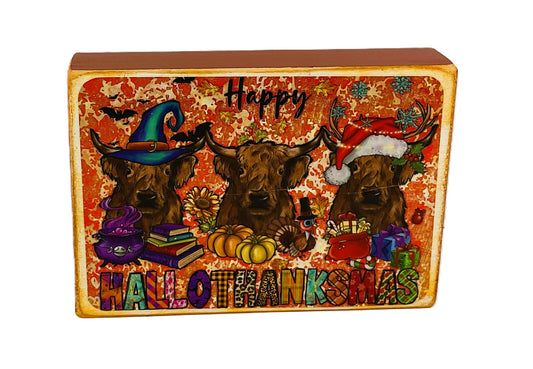 AGD Fall Decor - Highland Cow Hallothankmas Multi Seasonal Box Sign