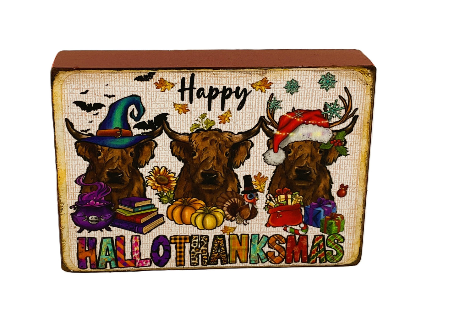 AGD Fall Decor - Highland Cow Hallothankmas Multi Seasonal Box Sign