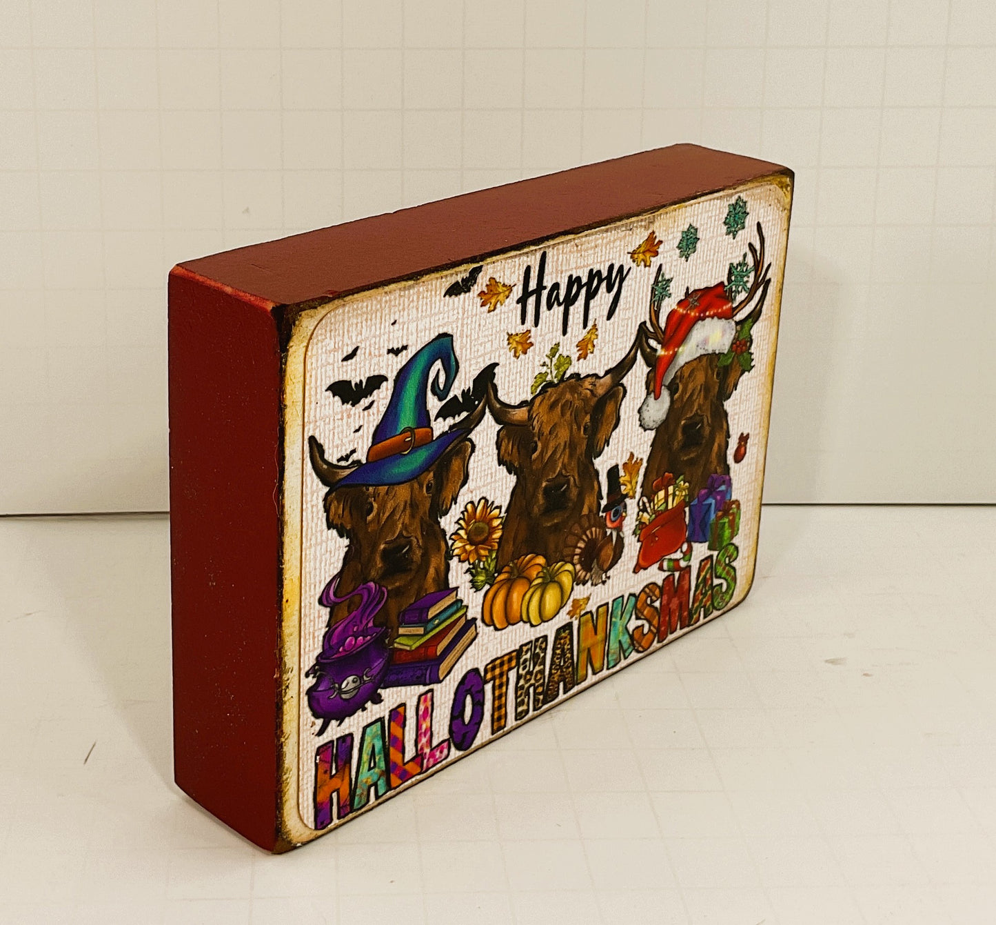 AGD Fall Decor - Highland Cow Hallothankmas Multi Seasonal Box Sign