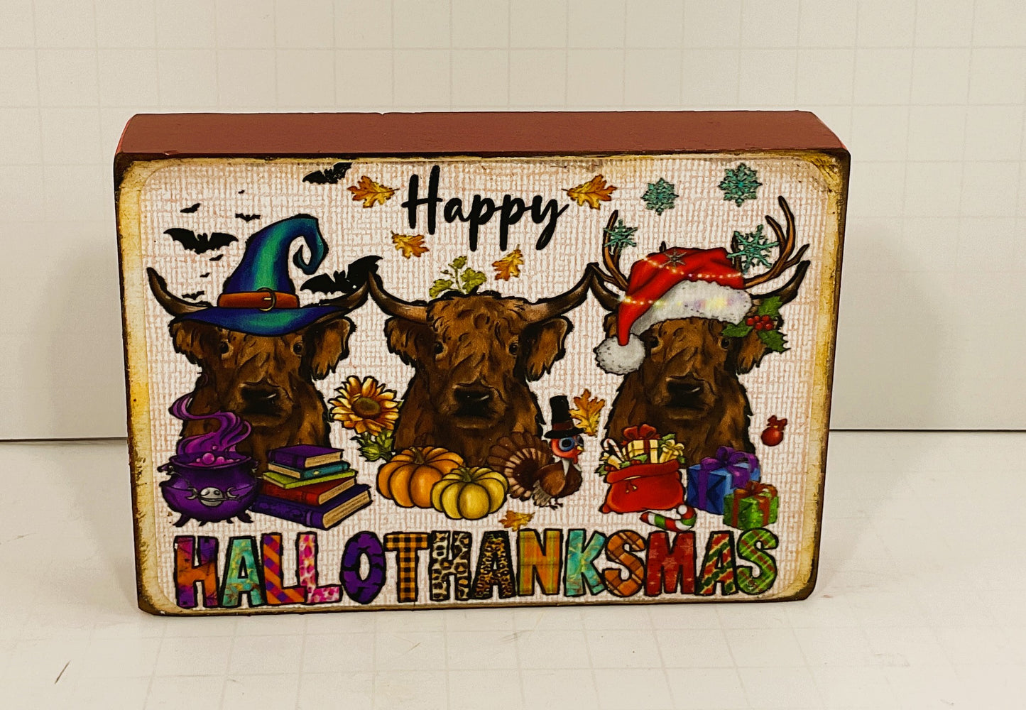 AGD Fall Decor - Highland Cow Hallothankmas Multi Seasonal Box Sign