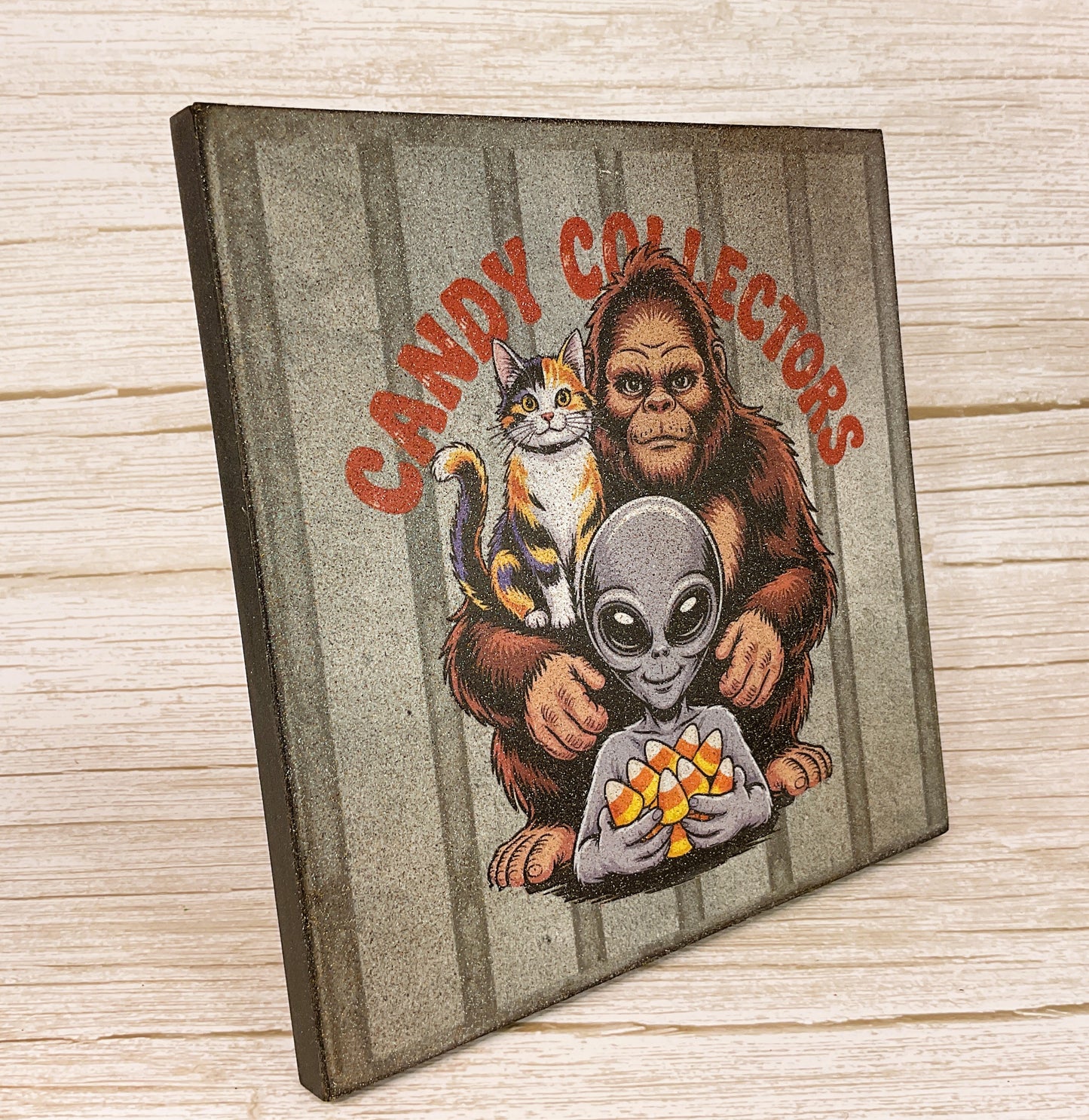 AGD Halloween Decor - Bigfoot Alien Candy Corn Small Block Sign