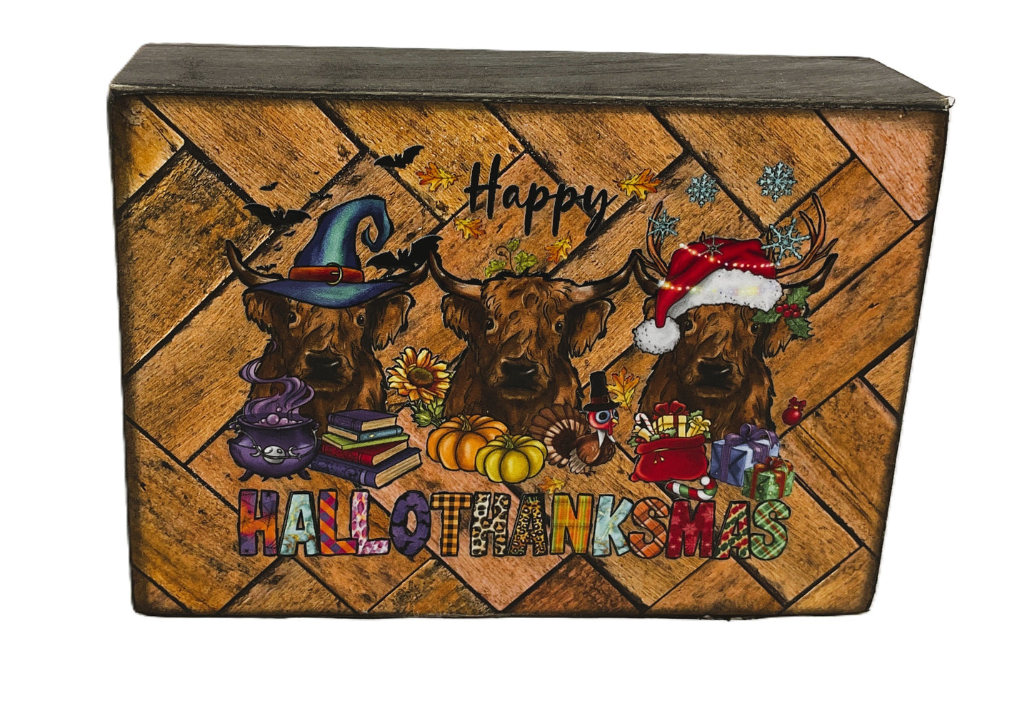 AGD Fall Decor - Highland Cow Hallothankmas Multi Seasonal Box Sign
