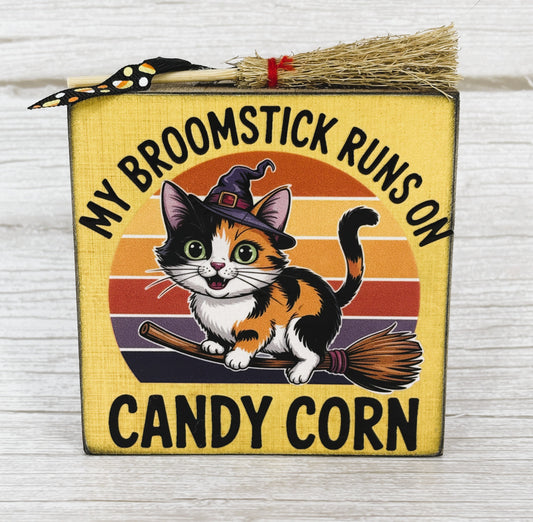 AGD Halloween Decor - Broomstick Cat Candy Corn Mini Easel Block Sign