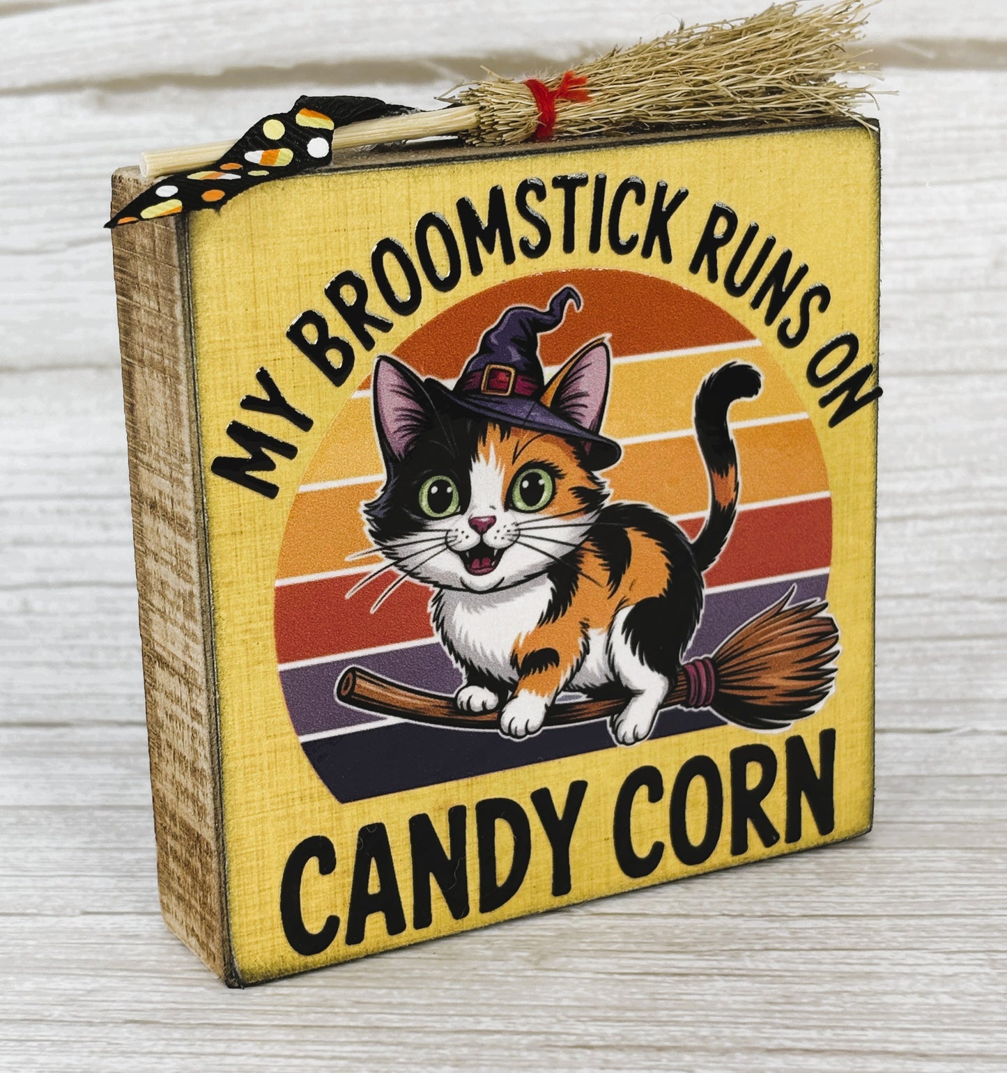 AGSD Halloween Decor - Broomstick Cat Candy Corn Mini Easel Block Sign