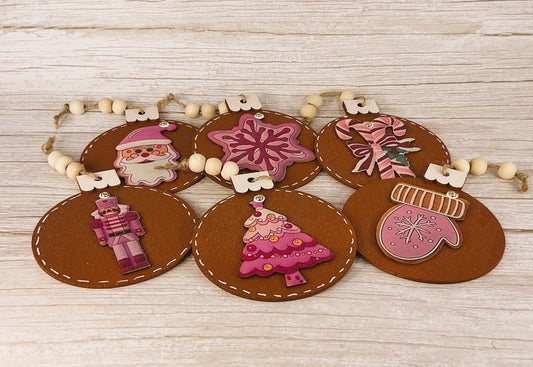 AGD Christmas Decor - Pink Pastel Gingerbread Beaded Ornaments 6pc Set