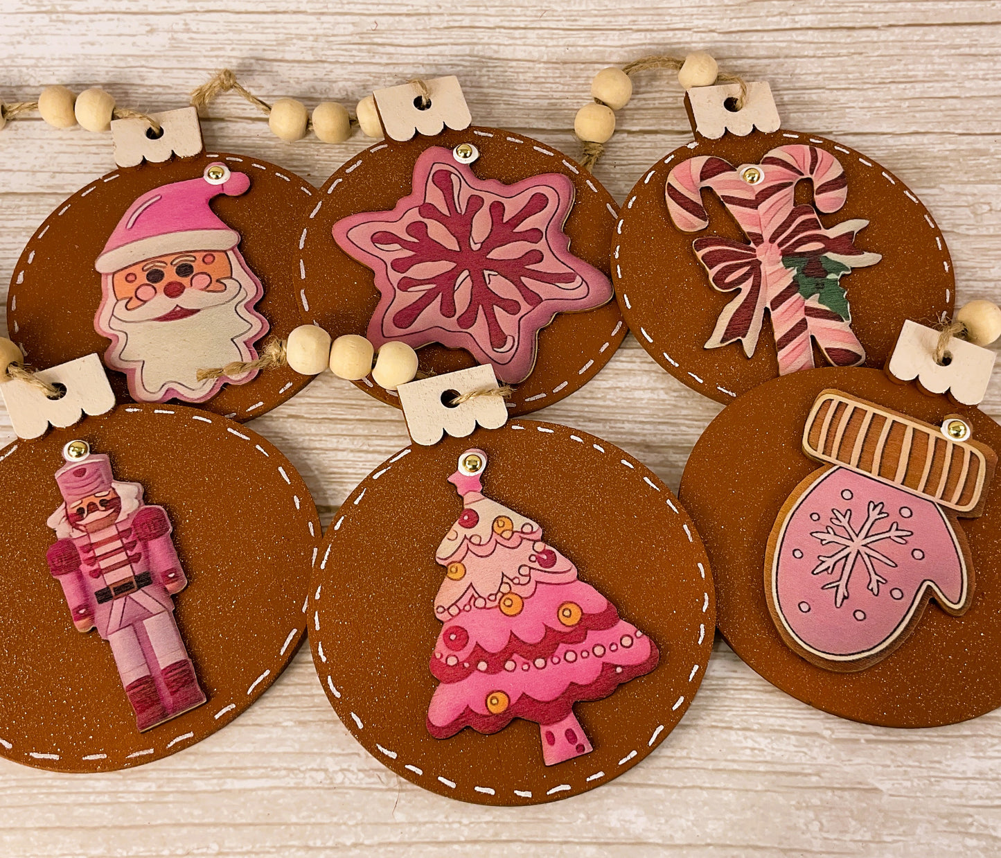 AGD Christmas Decor - Pink Pastel Gingerbread Beaded Ornaments 6pc Set
