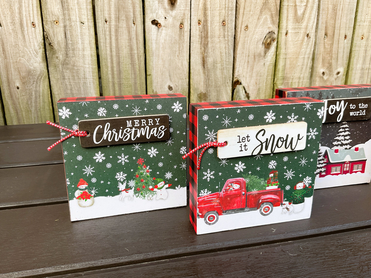 AGD Christmas Decor - Red Black Buffalo Snow Village Block Scene 4pc