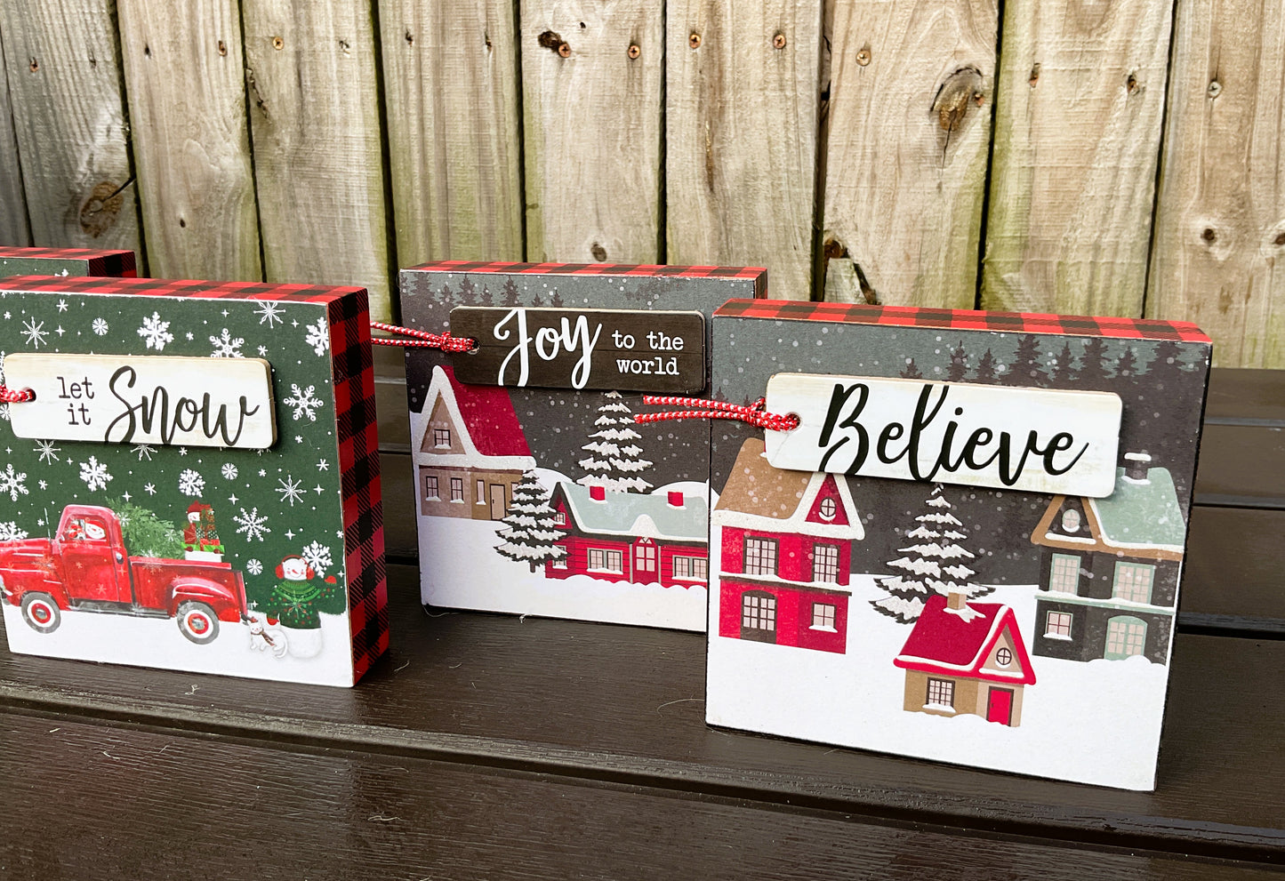 AGD Christmas Decor - Red Black Buffalo Snow Village Block Scene 4pc