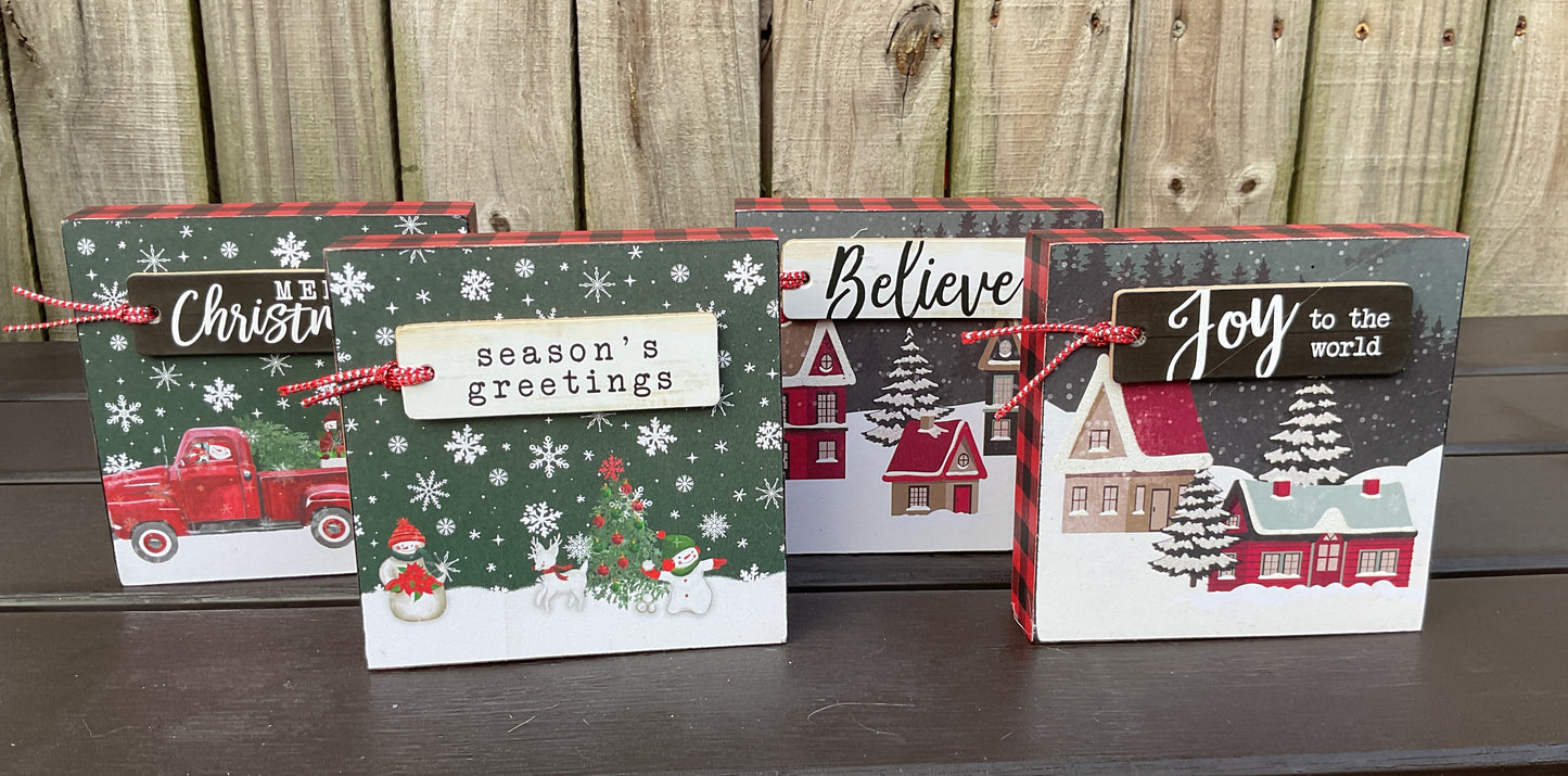 AGD Christmas Decor - Red Black Buffalo Snow Village Block Scene 4pc