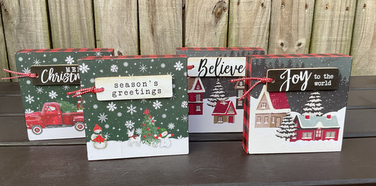 AGD Christmas Decor - Red Black Buffalo Snow Village Block Scene 4pc