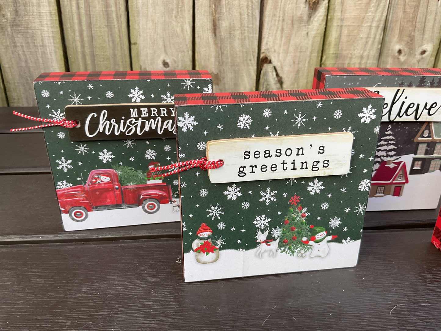 AGD Christmas Decor - Red Black Buffalo Snow Village Block Scene 4pc