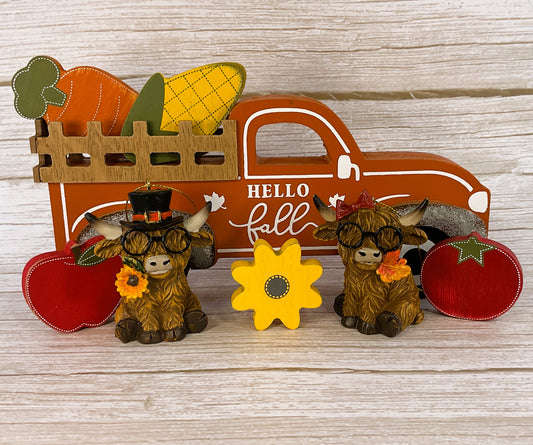 AGD Fall Decor - Resin Highland Cow Wood Truck Tabletop Set