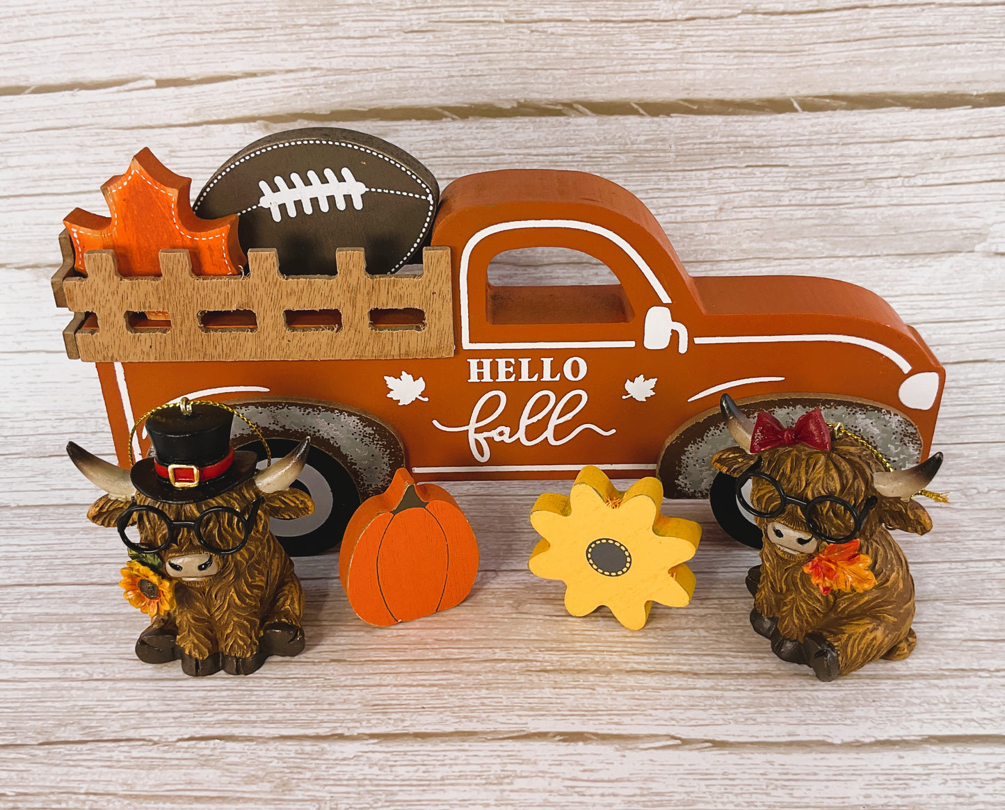 AGD Fall Decor - Resin Highland Cow Wood Truck Tabletop Set