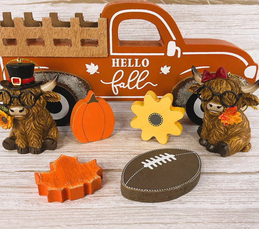 AGD Fall Decor - Resin Highland Cow Wood Truck Tabletop Set