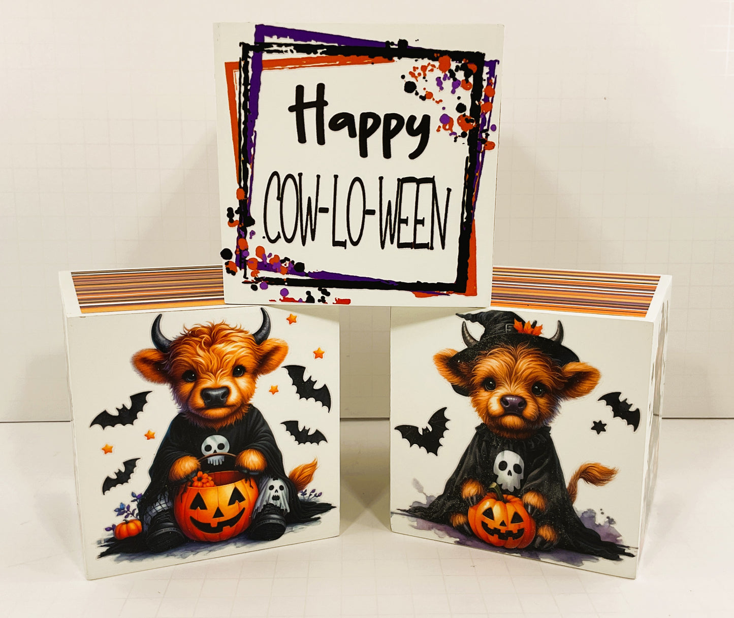 AGD Halloween Decor -  Cow-O-Ween Highland Cow Block Signs 3pc