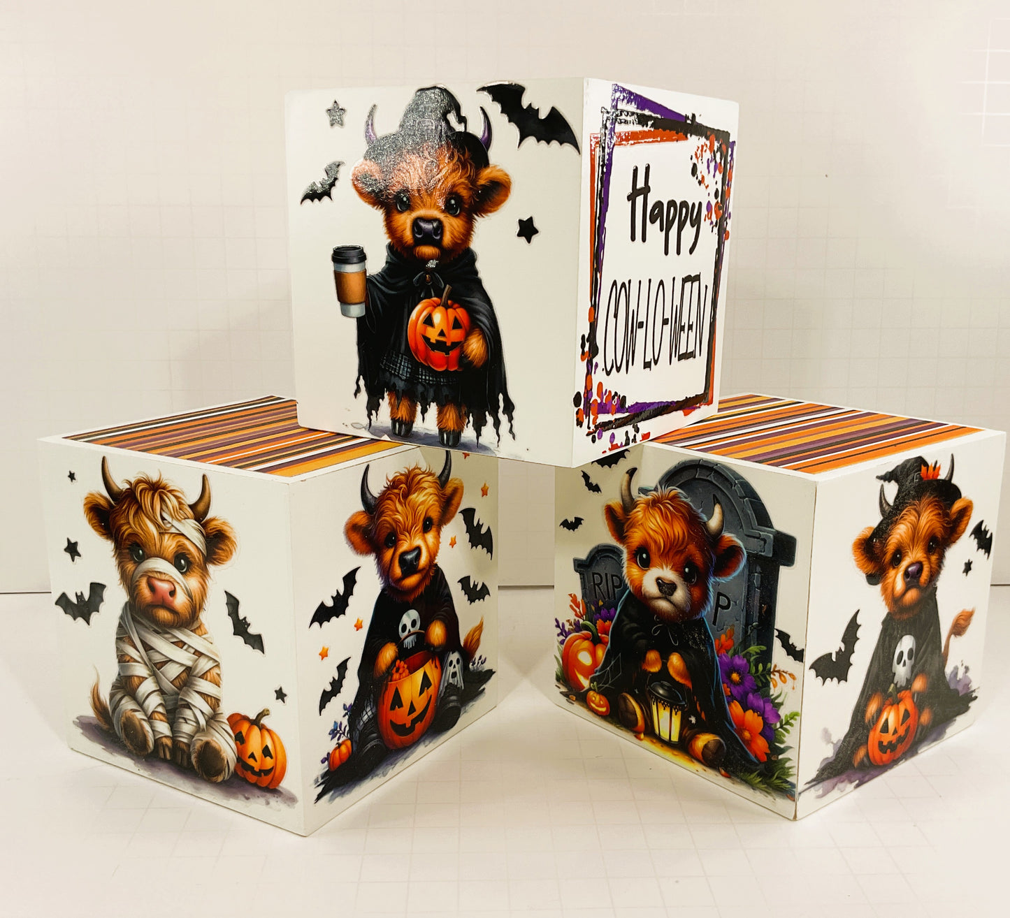 AGD Halloween Decor -  Cow-O-Ween Highland Cow Block Signs 3pc