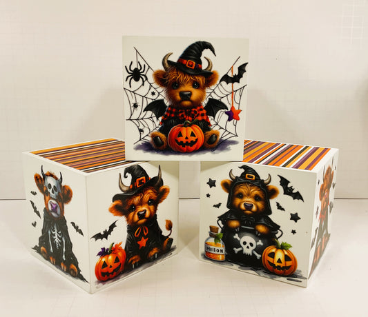 AGD Halloween Decor -  Cow-O-Ween Highland Cow Block Signs 3pc