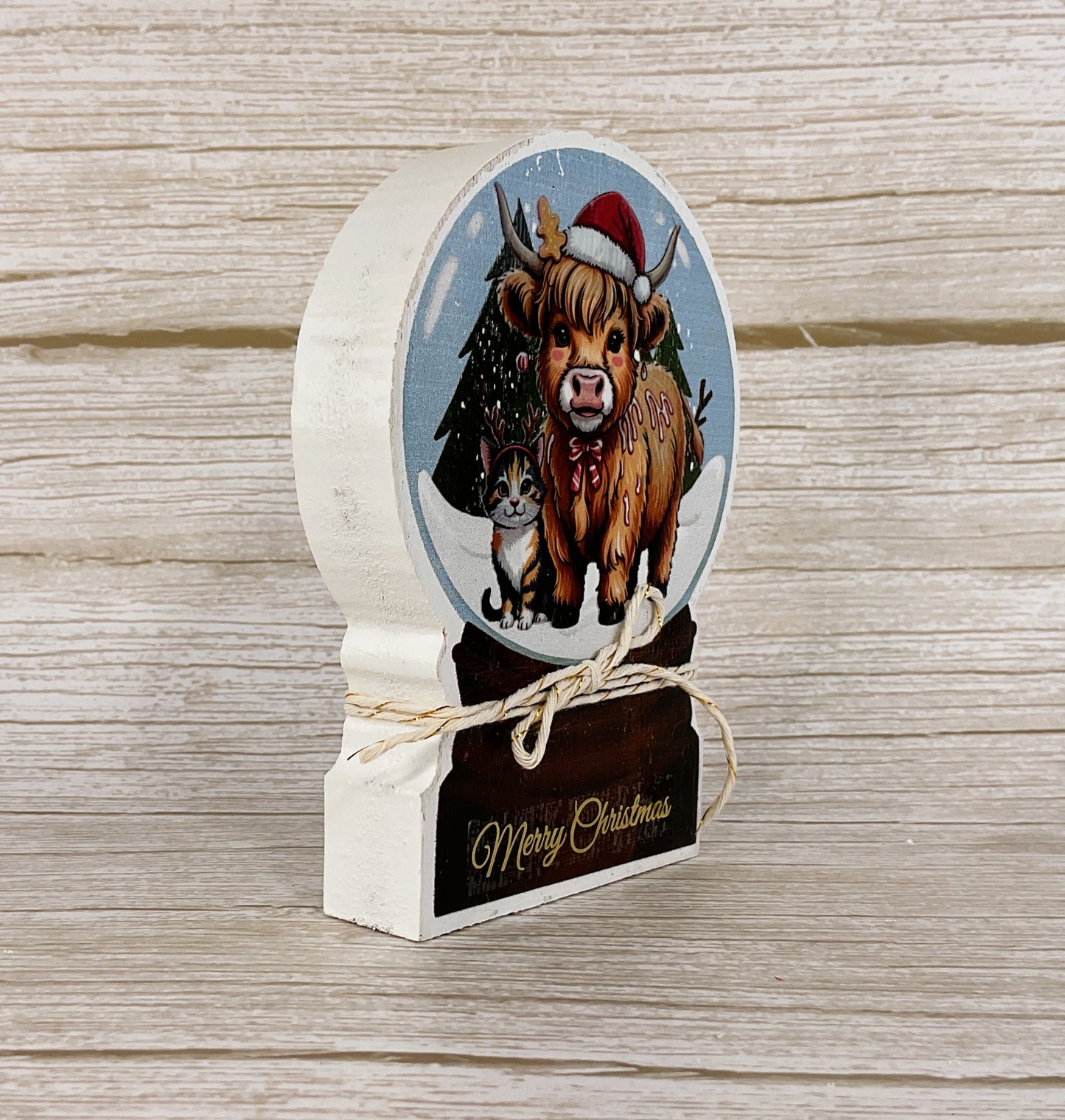 AGD Christmas Decor - Highland Cow Chunky Wood Snow-globe Sitter