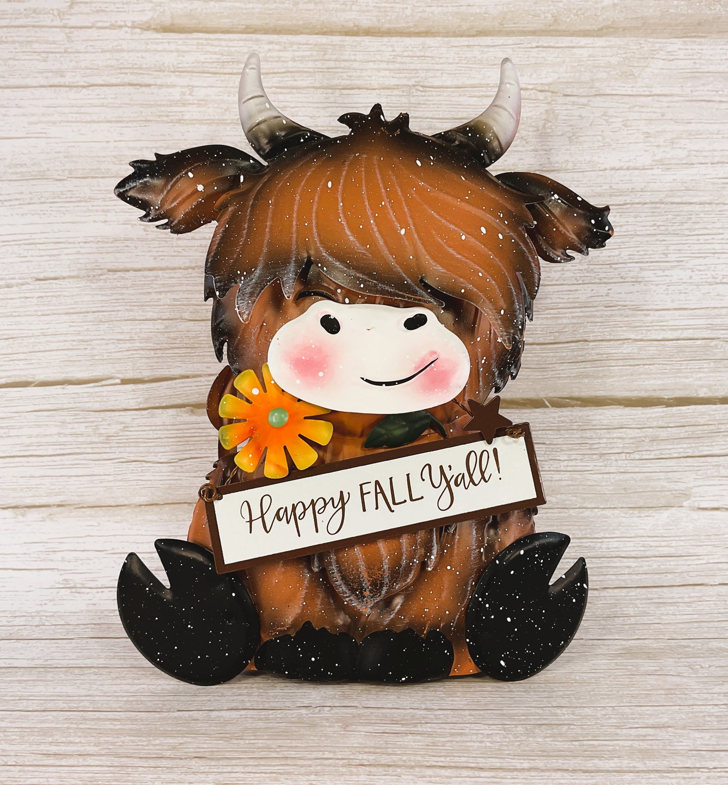 AGD Fall Decor - Happy Y'all Highland Cow Sunflower Metal Sitter