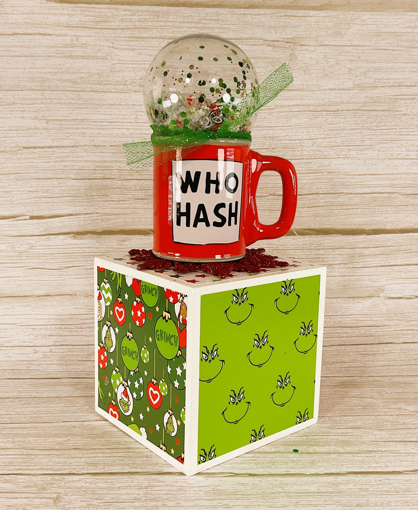 AGD Christmas Decor - Whimsy Green Blocks Ornament Snow-globe 2pc